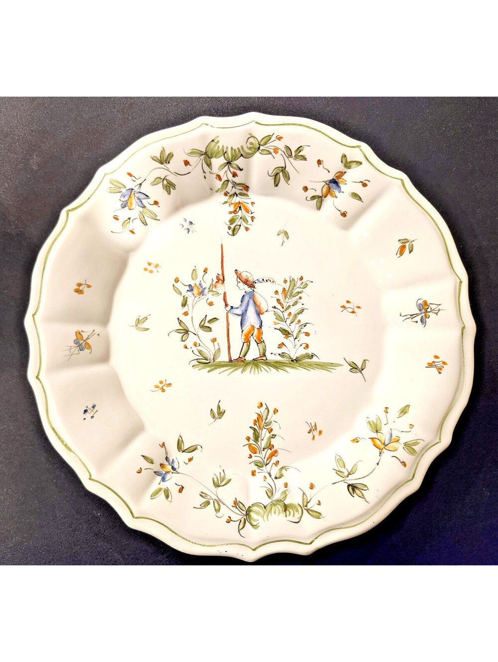 Vintage Moustiers France Faience Plate Hand Painted DVX Fait Main Traveler 10"